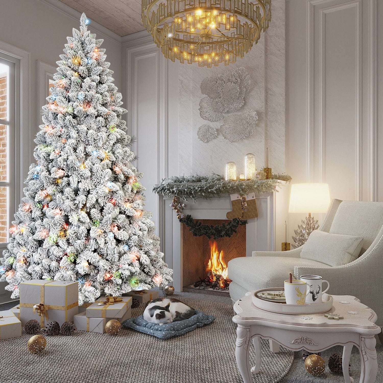 7FT Flocked Christmas Tree with 500 Colorful UL Lights and 45 Natural Pine Cones – 1124 Snowy PVC Tips, Hinged Branches, Stable Metal Stand, Easy Setup