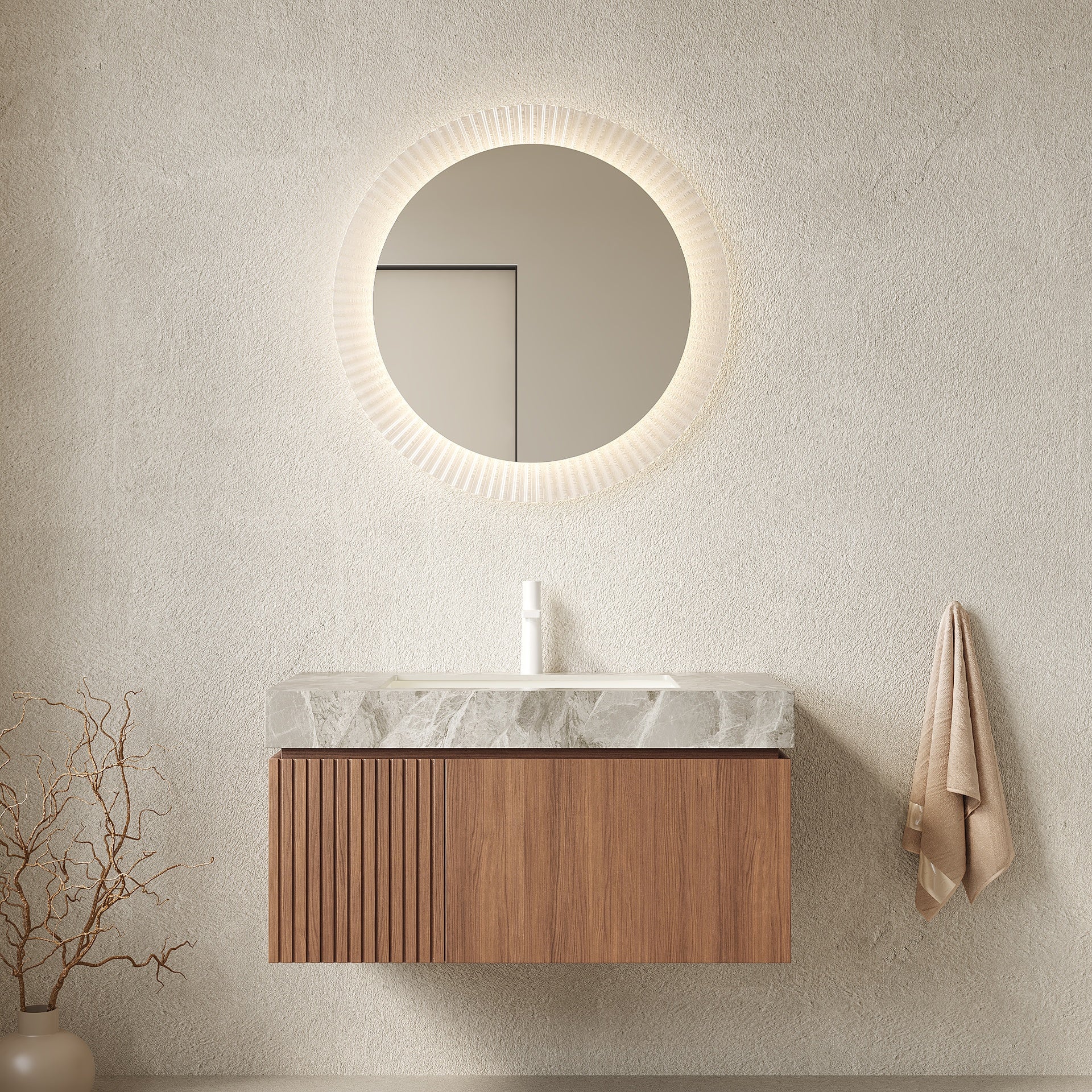 MURI 36" Bathroom Vanity&Sink, Floating Plywood Storage Cabinet with Drawer&Door, Light Gray Sintered Stone Top&Ceramic Basin with 1 Pre-drilled Faucet Hole, Pre-assembled, Brown Oak Woodgrain Color
