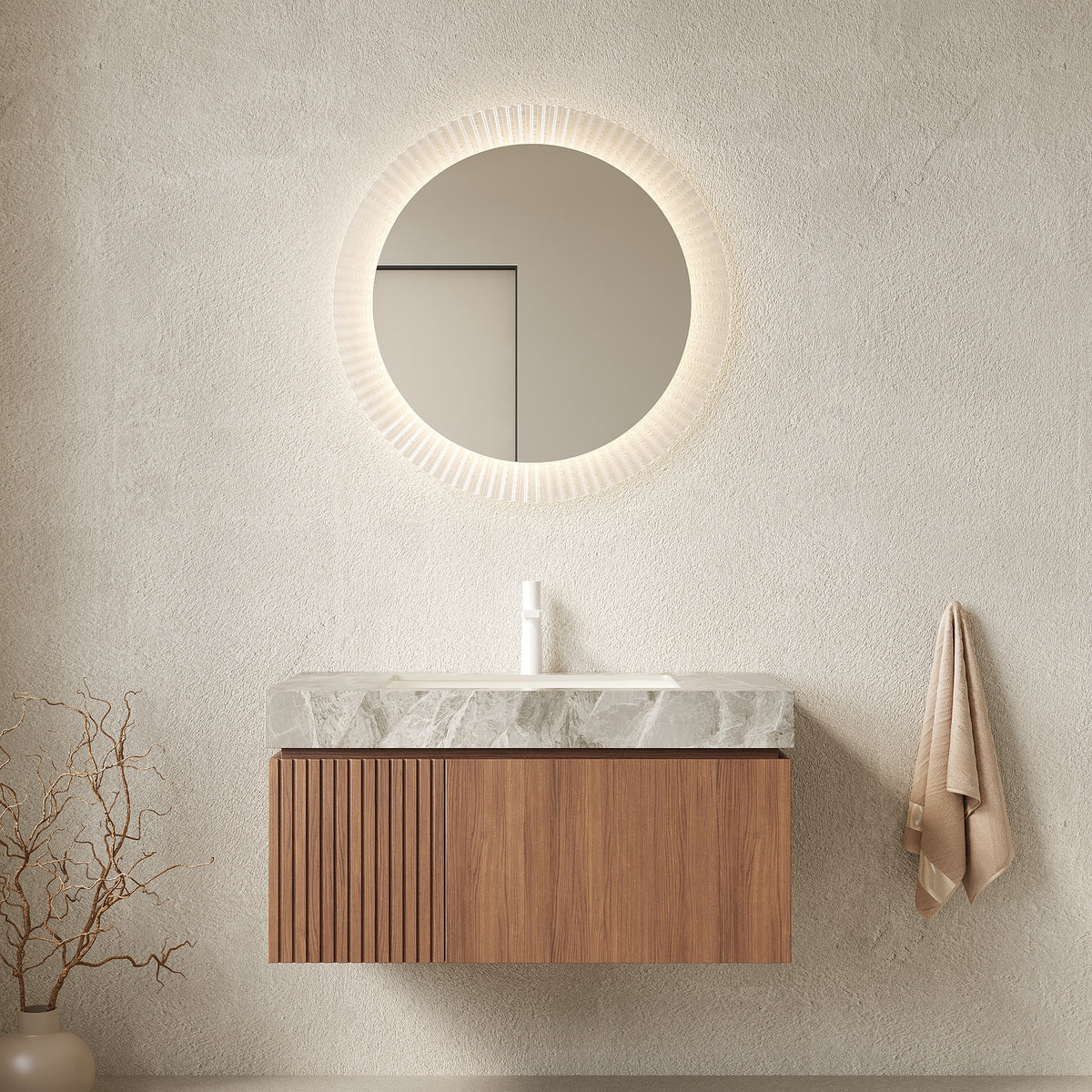 MURI 36" Bathroom Vanity&Sink, Floating Plywood Storage Cabinet with Drawer&Door, Light Gray Sintered Stone Top&Ceramic Basin with 1 Pre-drilled Faucet Hole, Pre-assembled, Brown Oak Woodgrain Color