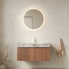 MURI 36" Bathroom Vanity&Sink, Floating Plywood Storage Cabinet with Drawer&Door, Light Gray Sintered Stone Top&Ceramic Basin with 1 Pre-drilled Faucet Hole, Pre-assembled, Brown Oak Woodgrain Color
