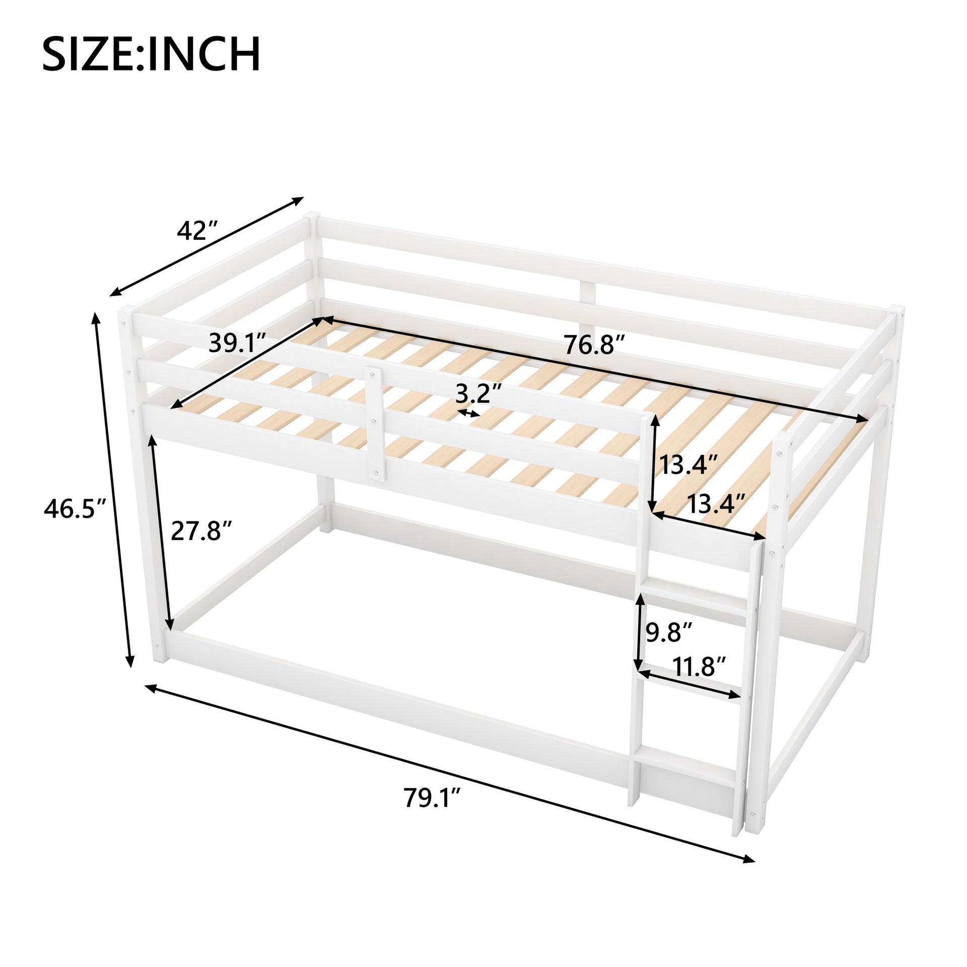 Twin over Twin Floor Bunk Bed with Ladder , White