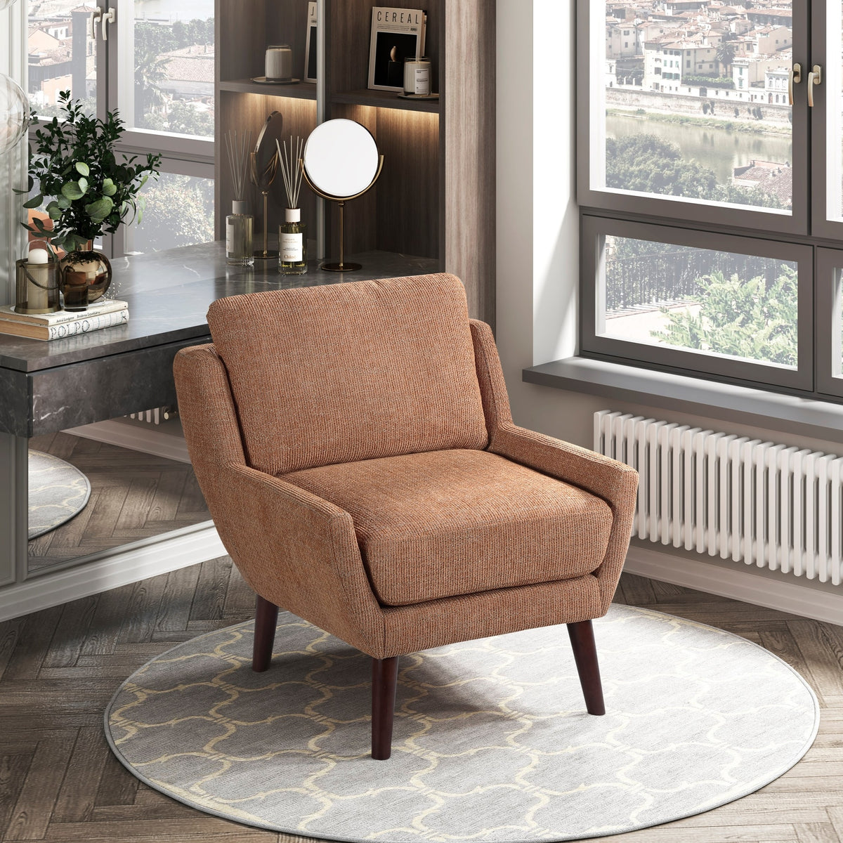 1pc Orange Color Accent Chair Cushion Seat Chenille Upholstery Comfort Style Durable Solid Wood Legs Contemporary Home Furniture