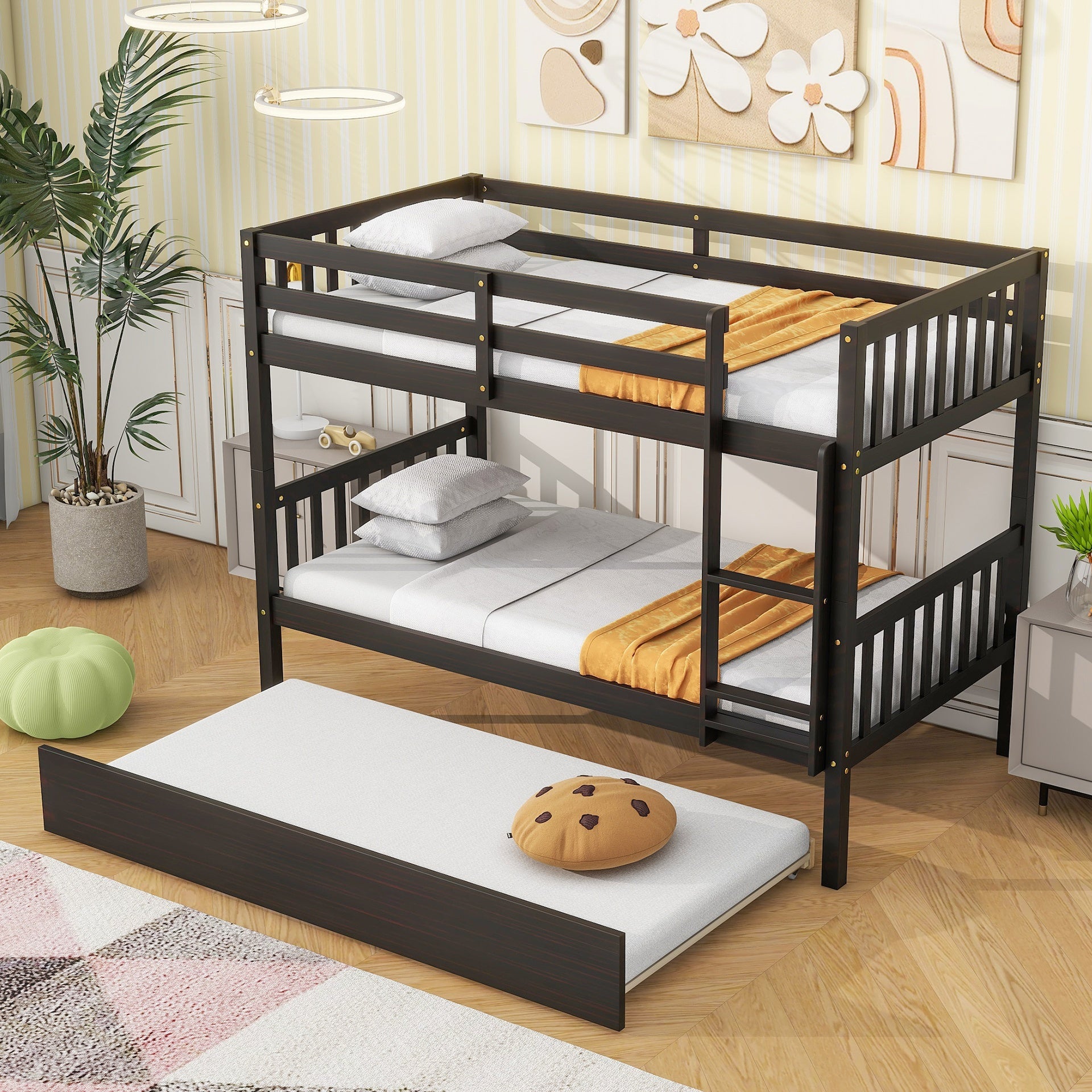 Twin Over Twin Rubber Wood Bunk Bed with Trundle, Convertible into Twin Size Beds, Twin Size Bunk Bed with Ladder and Safety Guardrails,Espresso