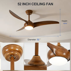 52" Ceiling Fan with  LED Light Remote Control,Quiet DC Motor 6 Speed Levels,3 PCS ABS Blades Fan Lamp,Adjust Height( 2 PCS Rod) Reversible Ceiling Fan, for Patio Living Room, Bedroom, Office,Indoor.