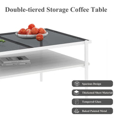 Rectangle Coffee Table with Gray Tempered Glass top and White Legs, Modern Table for Living Room