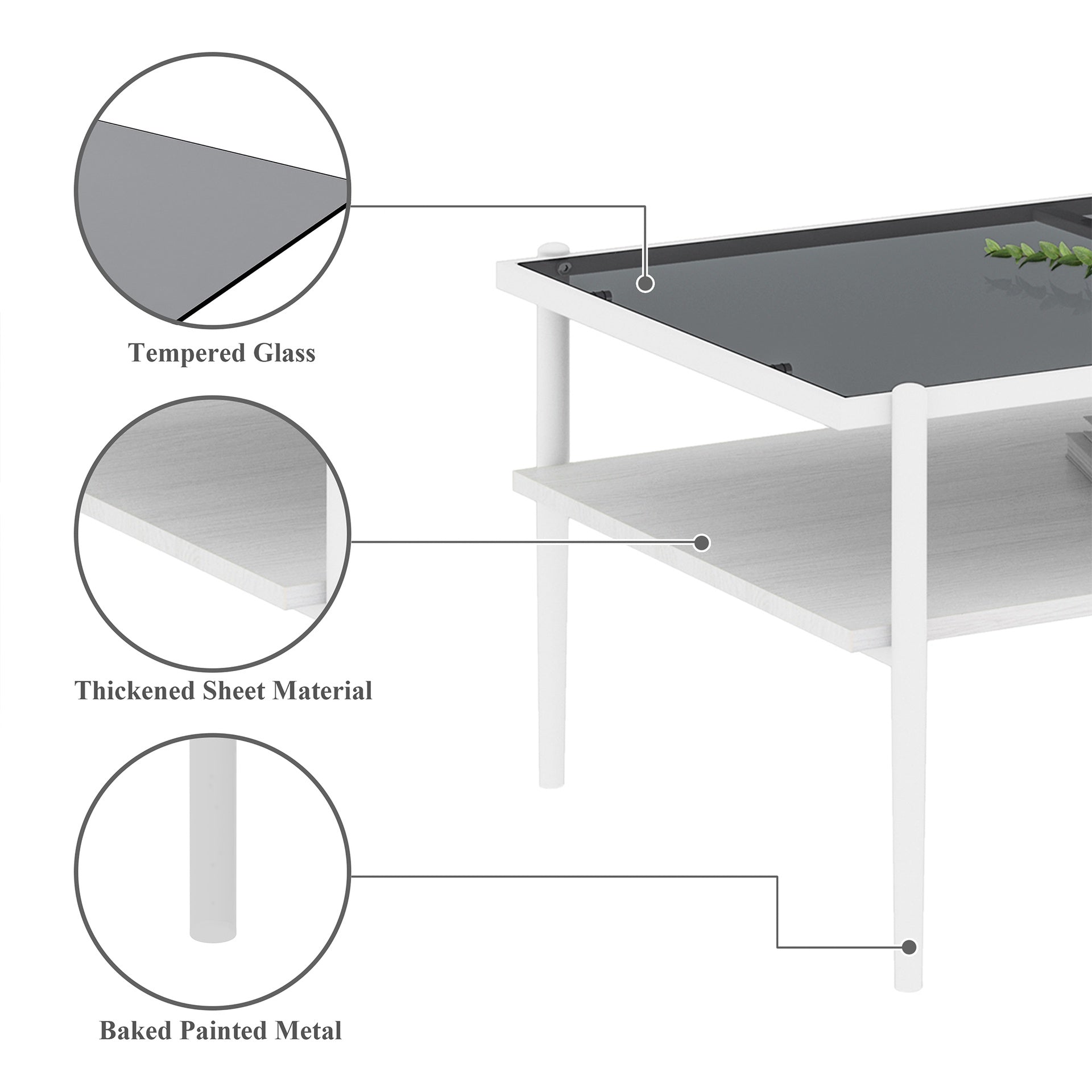Rectangle Coffee Table with Gray Tempered Glass top and White Legs, Modern Table for Living Room