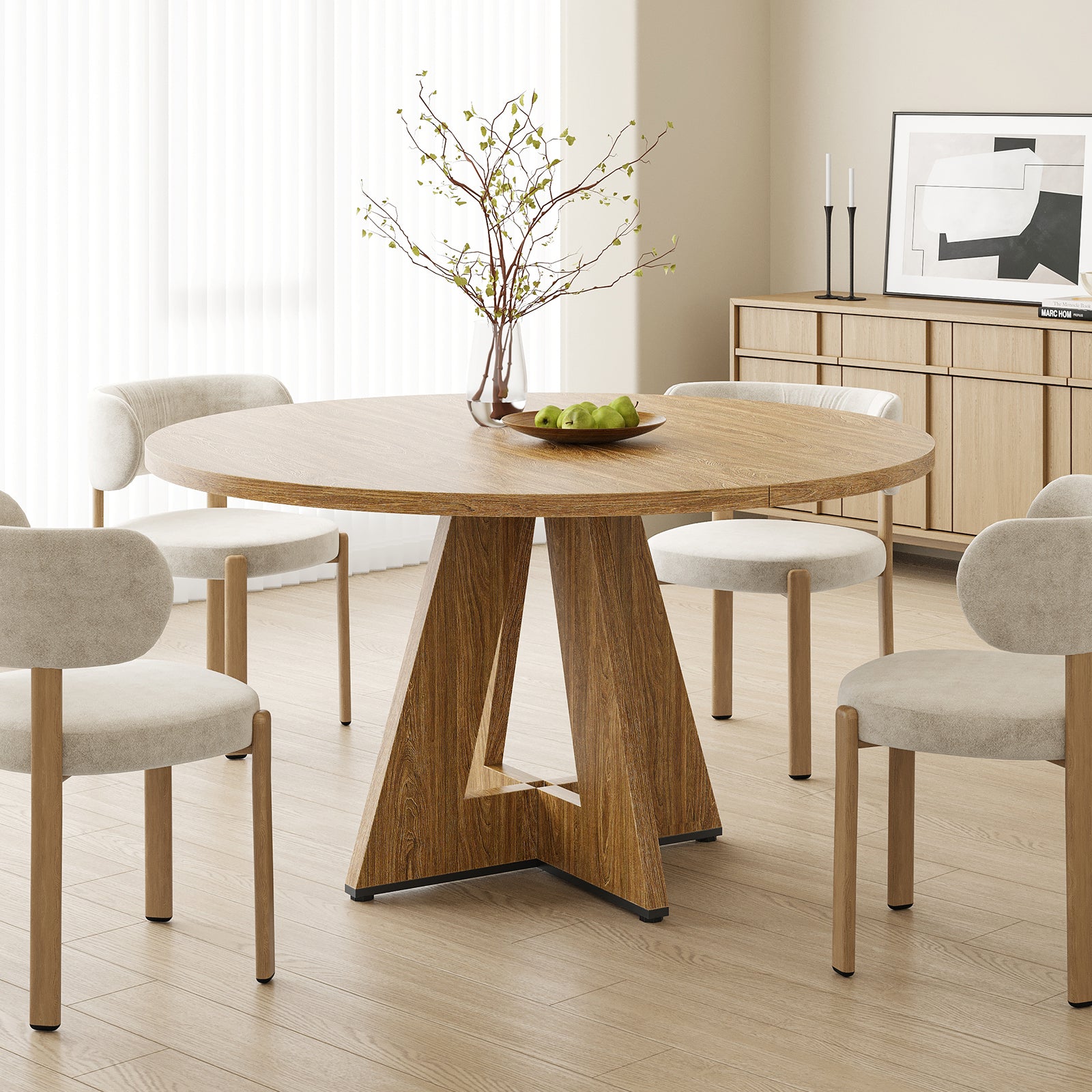 47" Round Dining Table for 4-7 People, Modern Wood Kitchen Table with Sturdy Metal Base, Large Round Dinner Table for Dining Room, Easy Assembly
