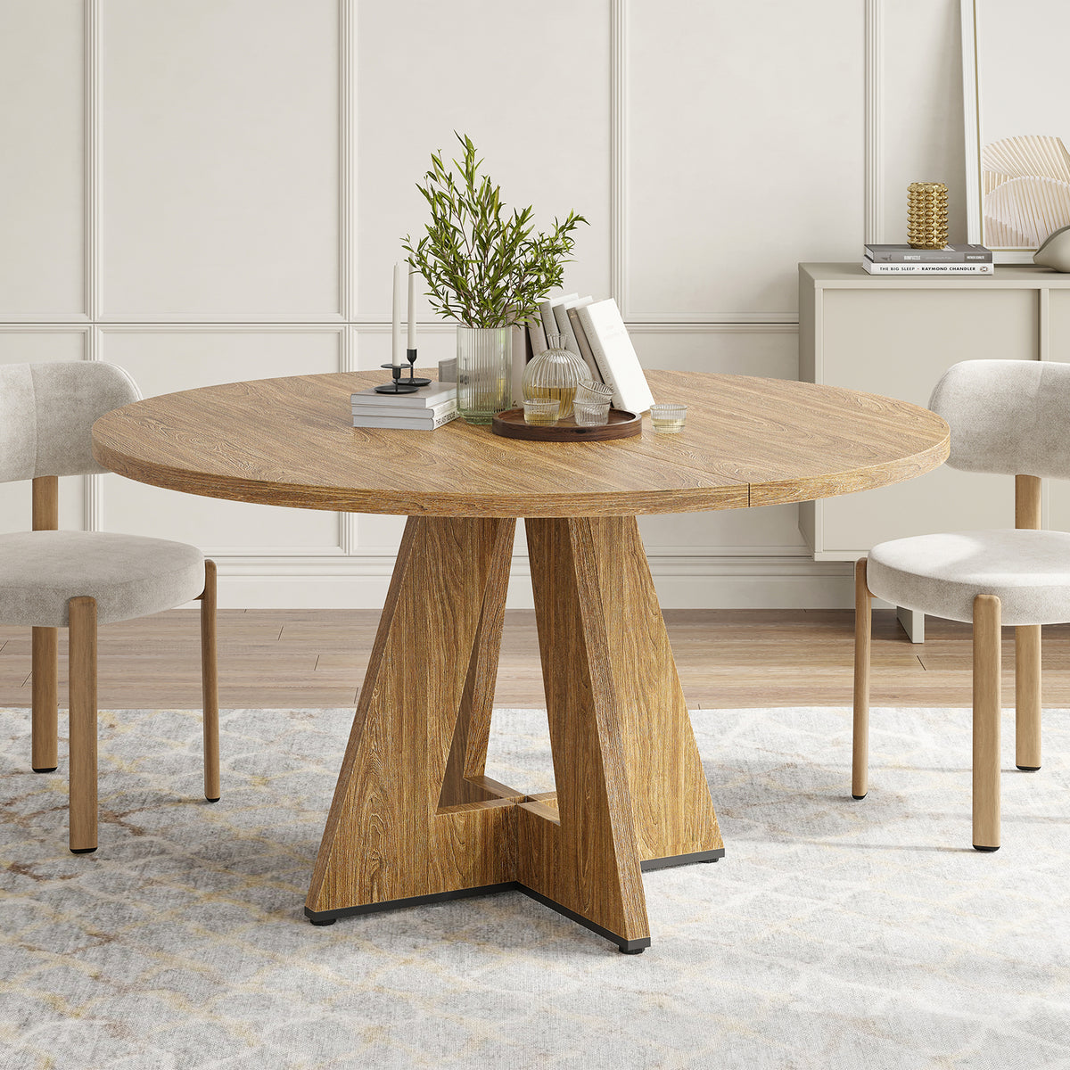 47" Round Dining Table for 4-7 People, Modern Wood Kitchen Table with Sturdy Metal Base, Large Round Dinner Table for Dining Room, Easy Assembly