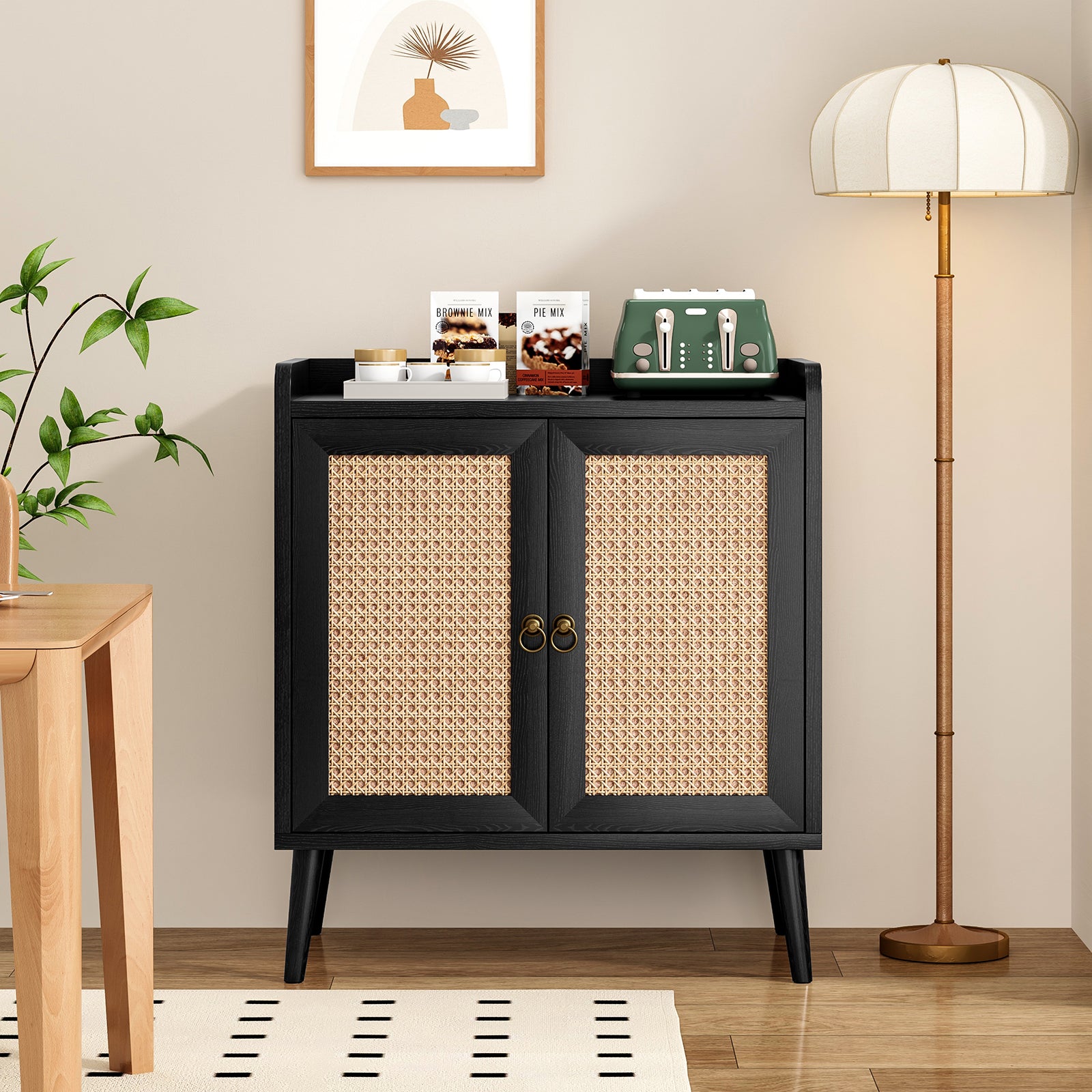 Sideboard Buffet Cabinet with Storage, Bar Liquor Cabinet with Rattan Decorated Doors, Credenza Console Tablefor Dining Room, Living Room,Hallway