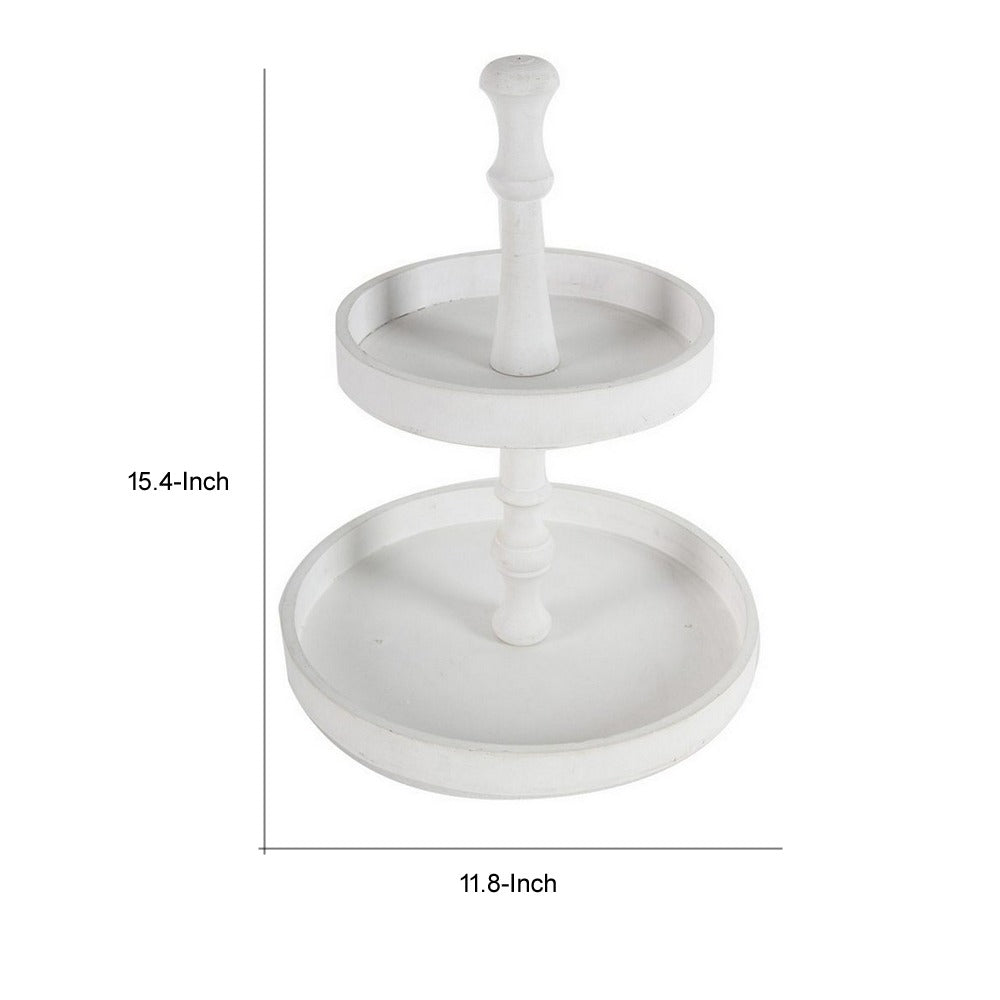 Semy 15 Inch 2 Tier Round Decorative Serving Tray, White Wood Finish