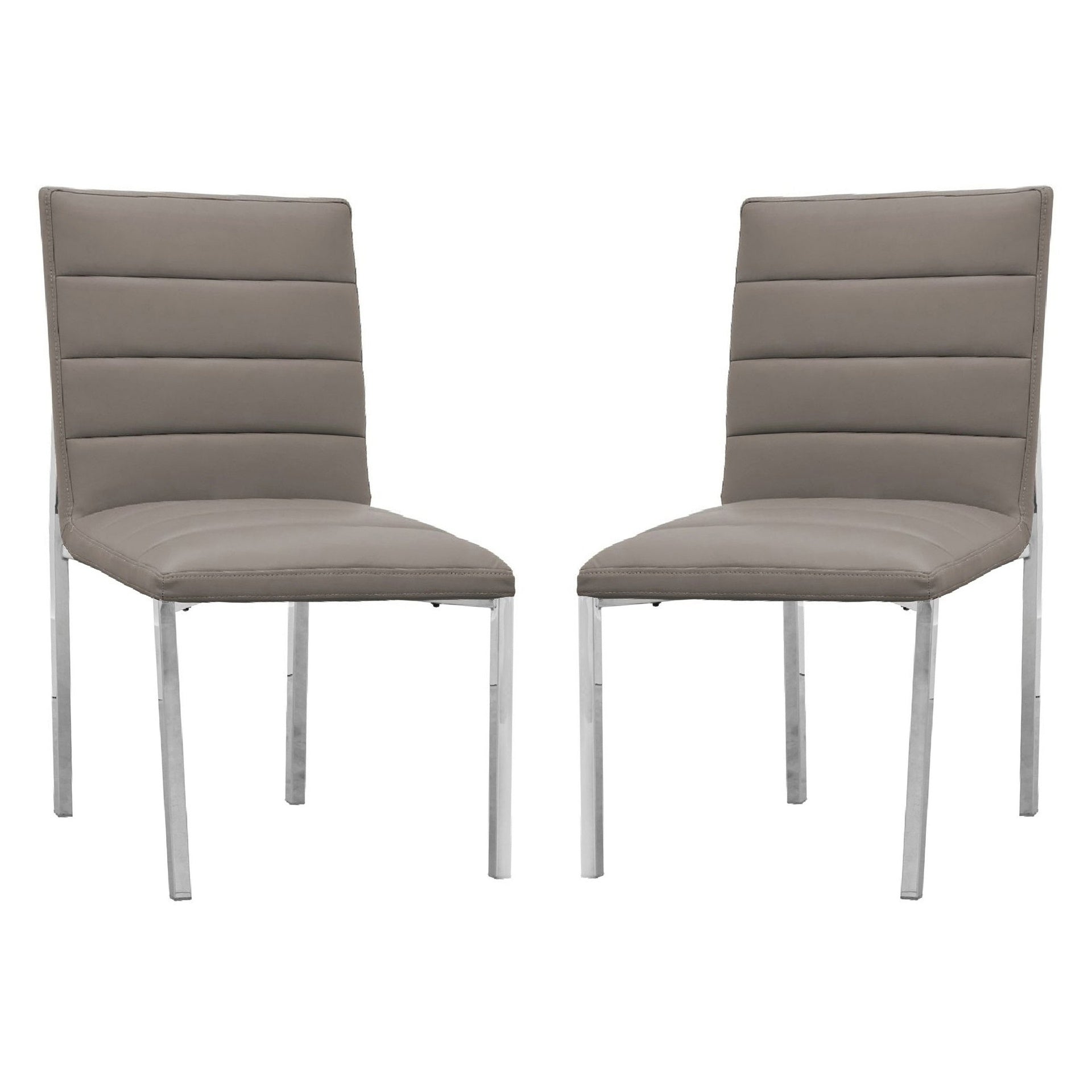 Eun 23 Inch Faux Leather Channel Dining Chair, Chrome Legs, Set of 2, Gray
