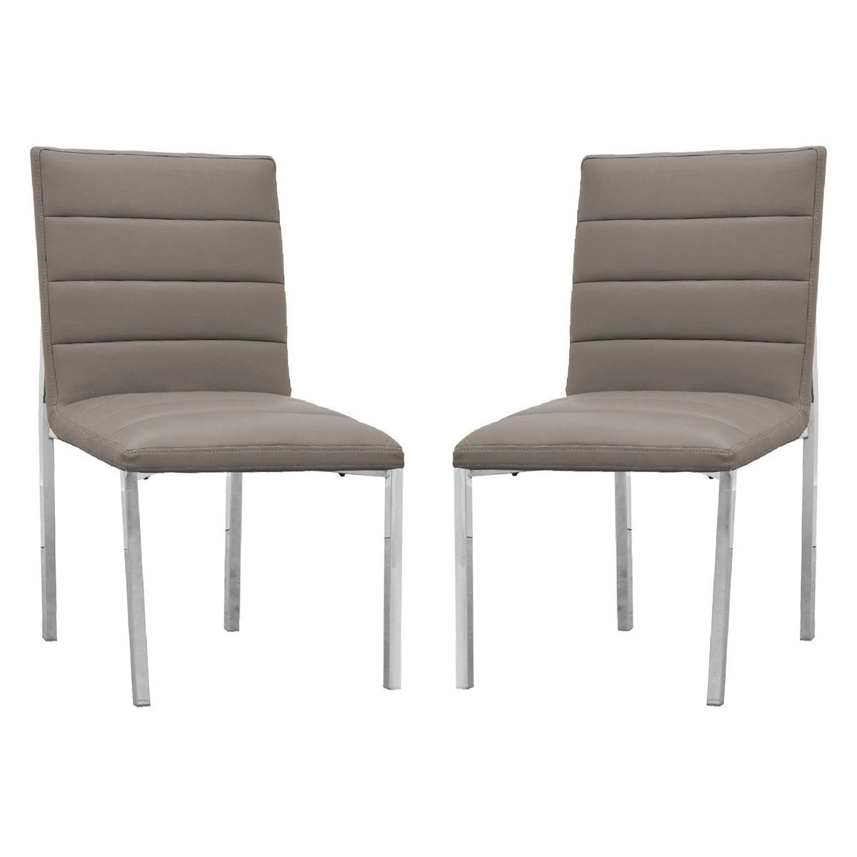 Eun 23 Inch Faux Leather Channel Dining Chair, Chrome Legs, Set of 2, Gray