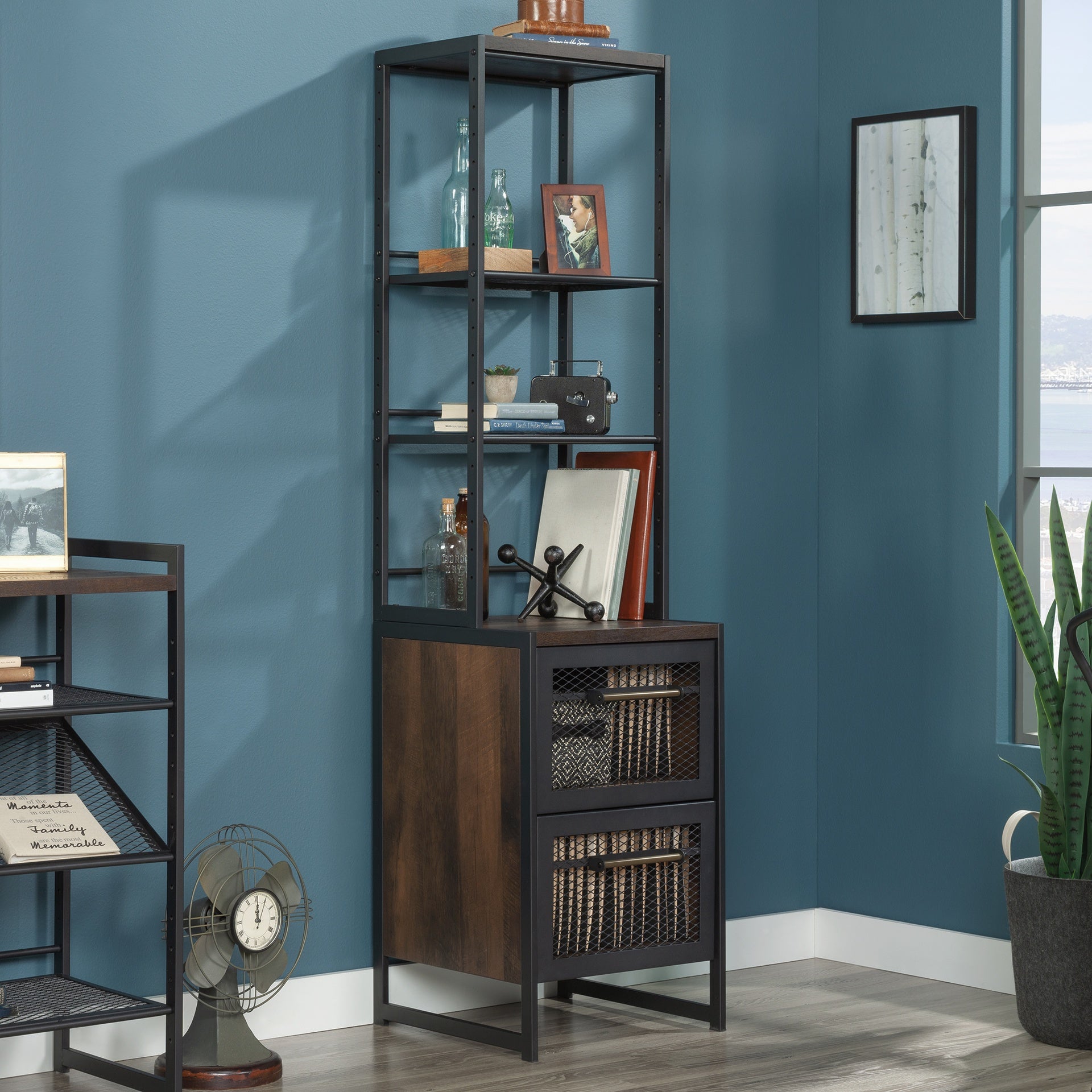 Narrow Bookcase with Modern Design, Brown Finish