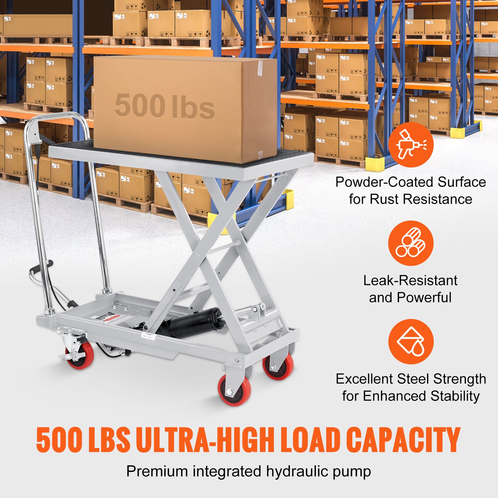 Hydraulic Lift Table Cart, 500lbs Capacity 28.5" Lifting Height, Manual Single Scissor Lift Table with 4 Wheels and Non-slip Pad, Hydraulic Scissor Cart for Material Handling, Gray