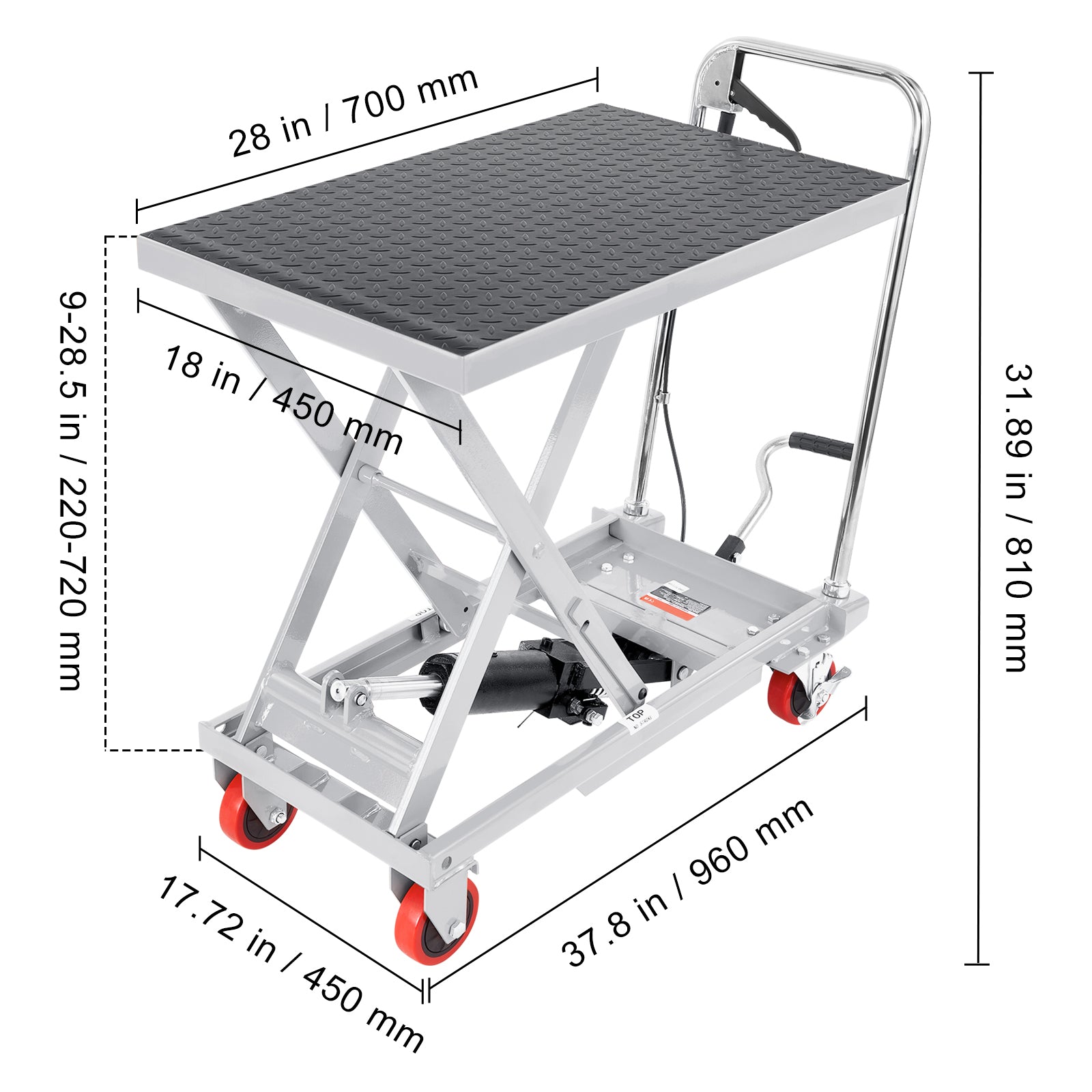 Hydraulic Lift Table Cart, 500lbs Capacity 28.5" Lifting Height, Manual Single Scissor Lift Table with 4 Wheels and Non-slip Pad, Hydraulic Scissor Cart for Material Handling, Gray