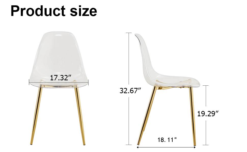 Modern minimalist transparent dining chair, plastic chair, armless crystal chair, Nordic creative makeup stool, negotiation chair, 6-piece set of gold-plated metal legs, TW-1200