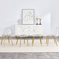 Modern minimalist transparent dining chair, plastic chair, armless crystal chair, Nordic creative makeup stool, negotiation chair, 6-piece set of gold-plated metal legs, TW-1200
