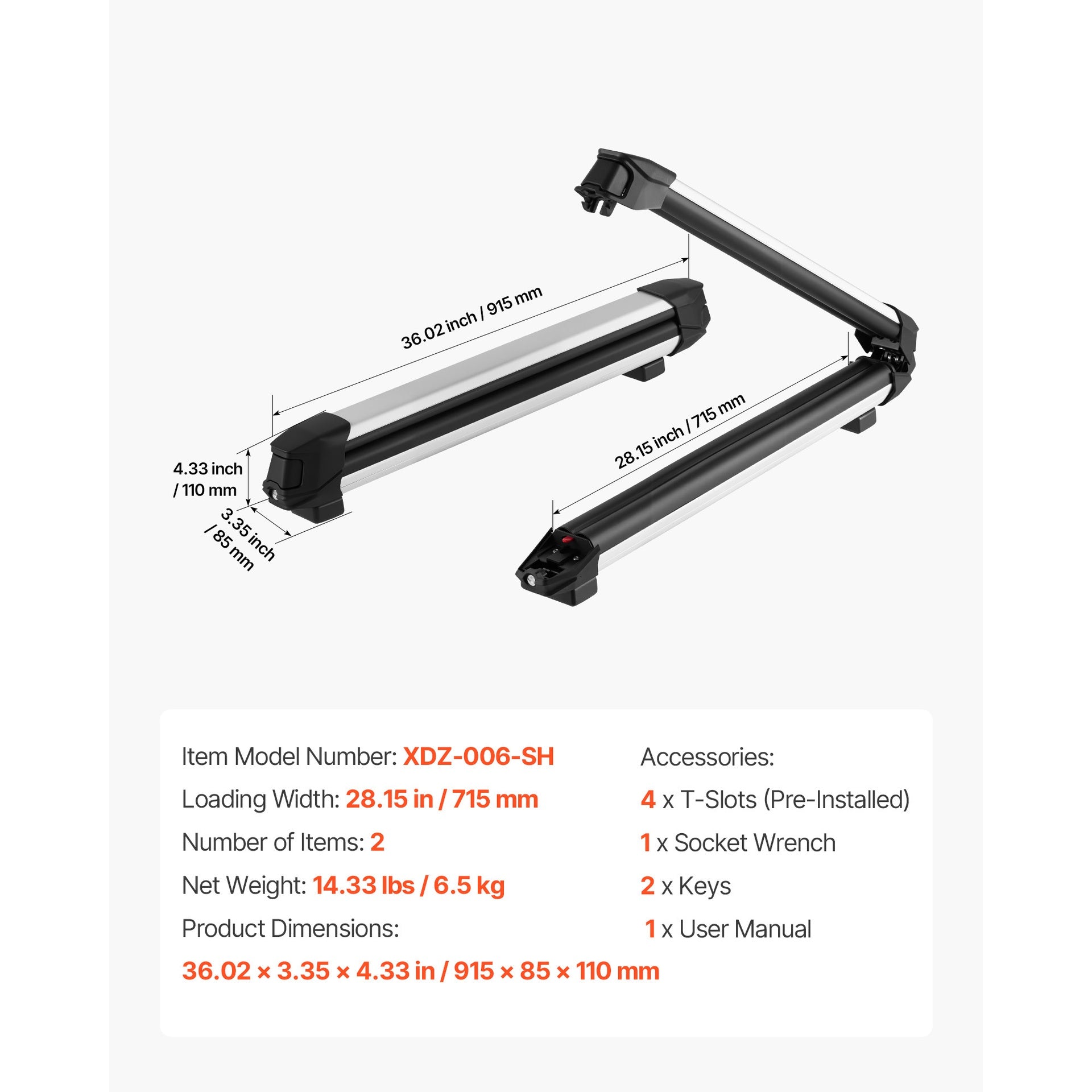 Ski & Snowboard Roof Rack, Carry up to 6 Pairs of Skis or 4 Snowboards, 2 PCS Aluminum Universal Car Roof Rack Top Holder with Lock & Rubber Padding for Fishing Rod, Fit Most Slotted Crossbars