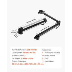 Ski & Snowboard Roof Rack, Carry up to 6 Pairs of Skis or 4 Snowboards, 2 PCS Aluminum Universal Car Roof Rack Top Holder with Lock & Rubber Padding for Fishing Rod, Fit Most Slotted Crossbars