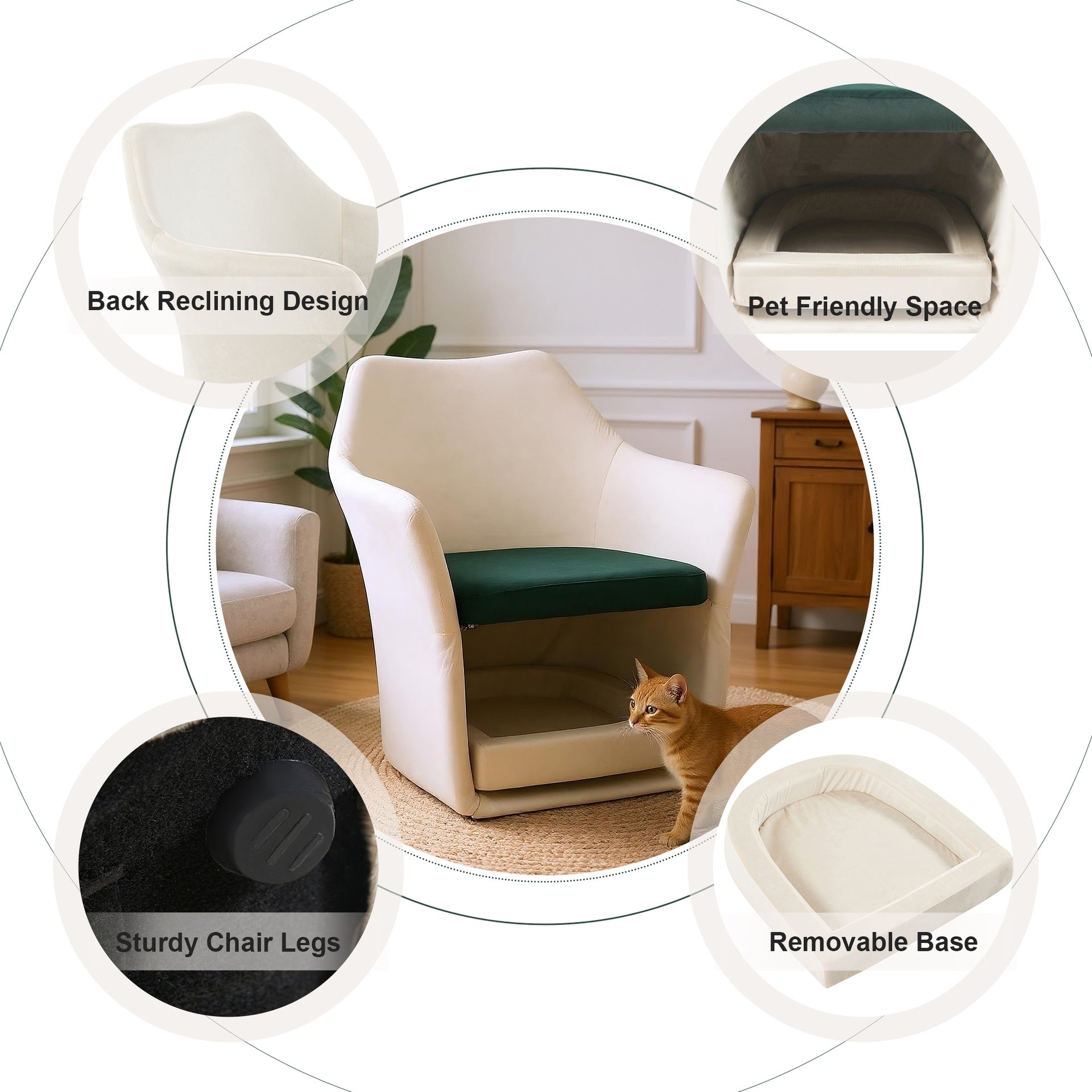 Furniture Style 2 in 1 Pet Friendly Mid Century Modern Accent Chair Soft Fabric Upholstered Leisure Armchair for Living Room Bedroom Home and Office, White