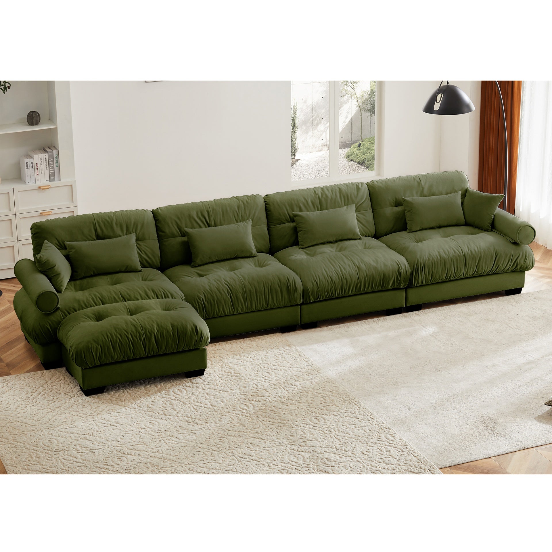 L Shaped Sectional Cloud Sofa , Convertible Deep 4 Seater Modular Couch for Living Room,Modern Velvet Comfy Upholstered Corner Couch  Waist Pillows, Throw Pillows and Blostered Armrests,Olive green