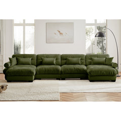 U Shaped Sectional Sofa Cloud Couch with Movable Ottomans,Convertible Deep 4 Seater Modern Velvet Comfy Upholstered Corner Couch with Blostered Armrests, Waist Pillow and Throw Pillows,Olive green