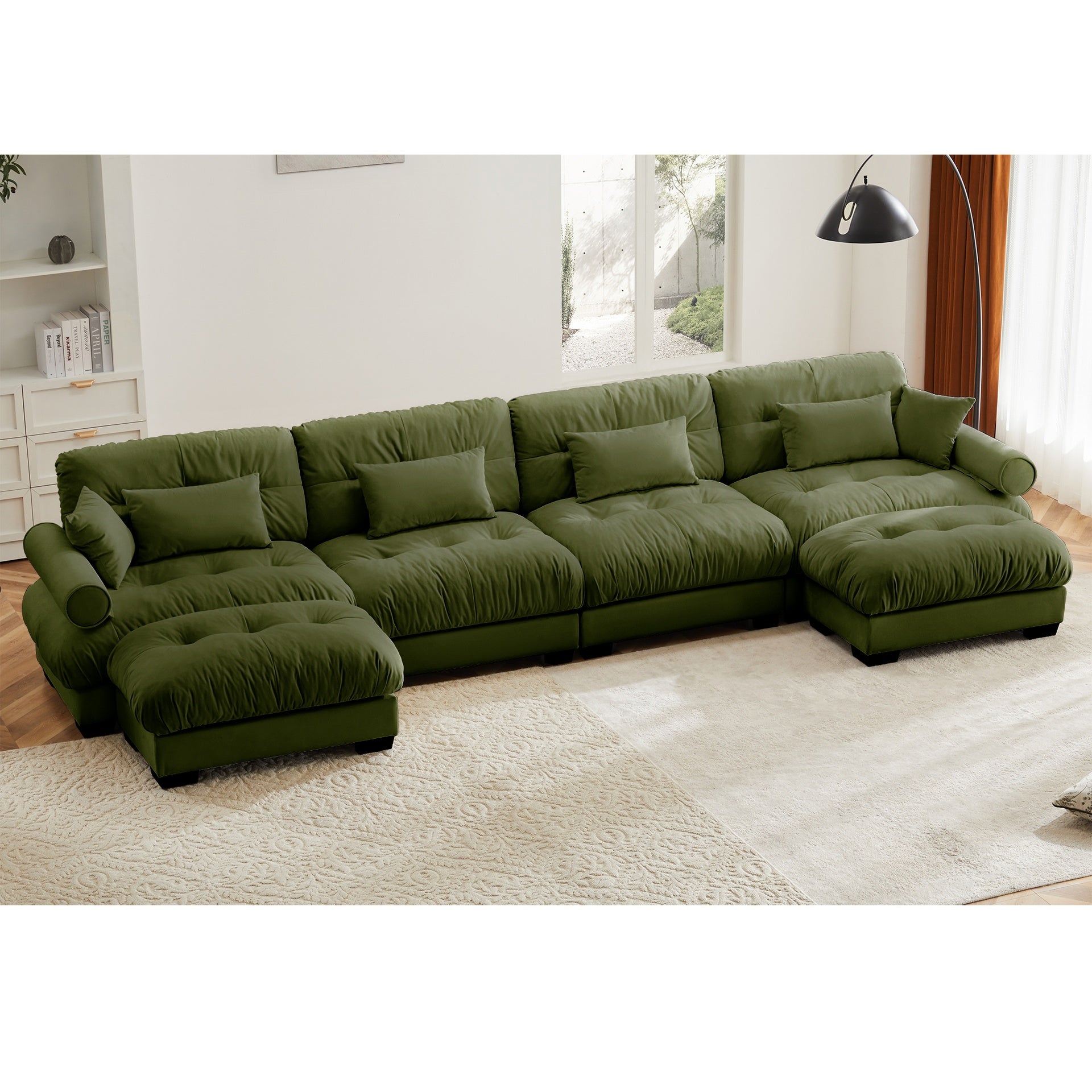 U Shaped Sectional Sofa Cloud Couch with Movable Ottomans,Convertible Deep 4 Seater Modern Velvet Comfy Upholstered Corner Couch with Blostered Armrests, Waist Pillow and Throw Pillows,Olive green