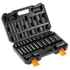 Impact Sockets Set 25pcs 6-Point 3/8in Drive Bit Ratchet Tool Kit Case