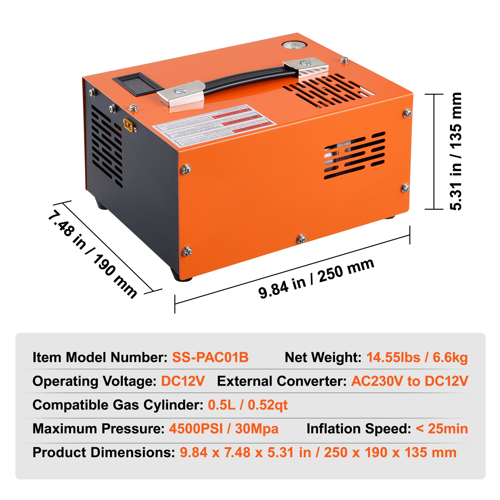 PCP Air Compressor, 4500PSI/30Mpa Portable PCP Airgun Compressor with External Converter, DC12V, AC115V,Oil & Water-Free,Manual-Stop Air Rifle, Paintball and Scuba Tank Compressor Pump