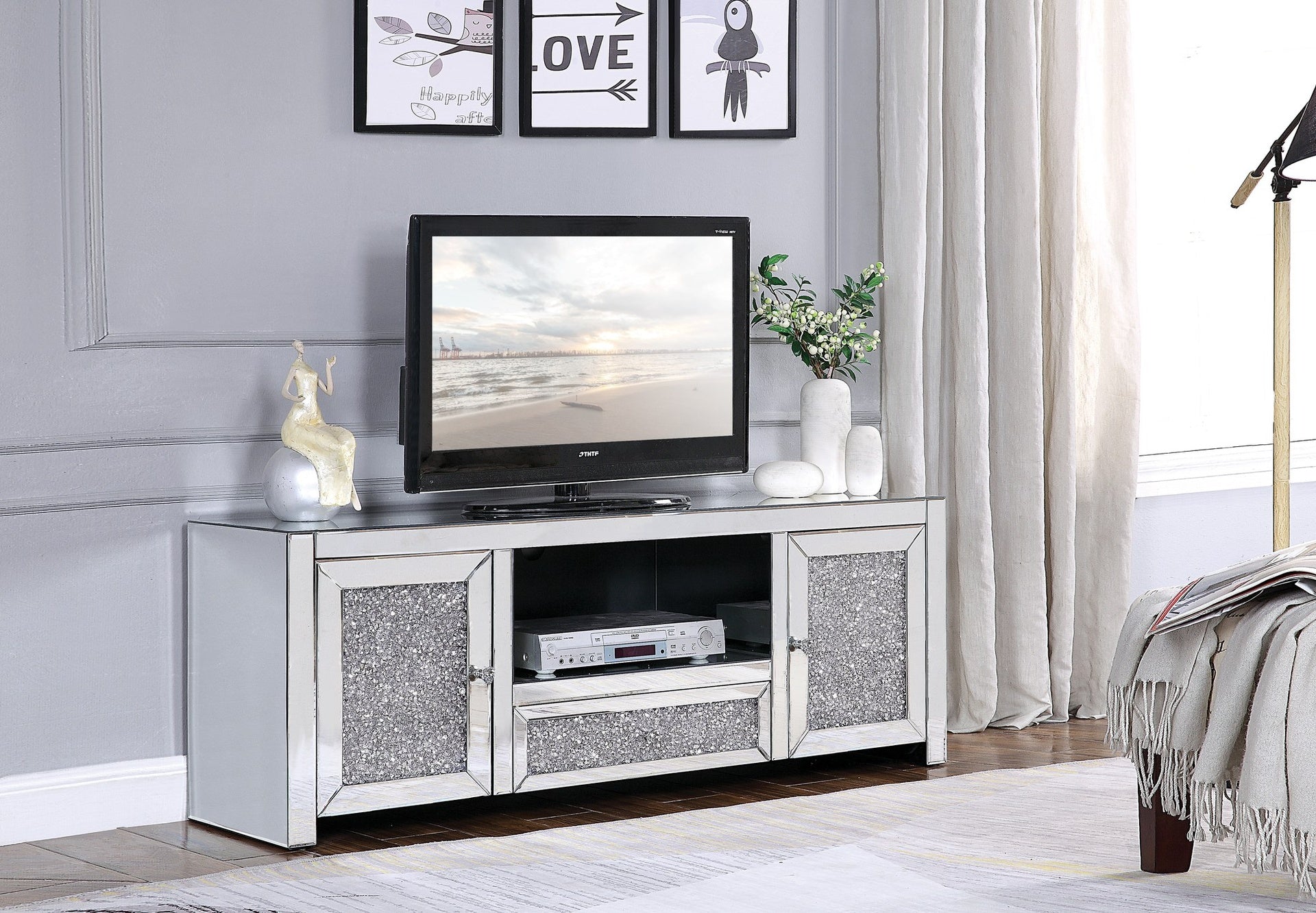 Noralie Mirrored & Faux Diamonds TV Stand (Assembled)