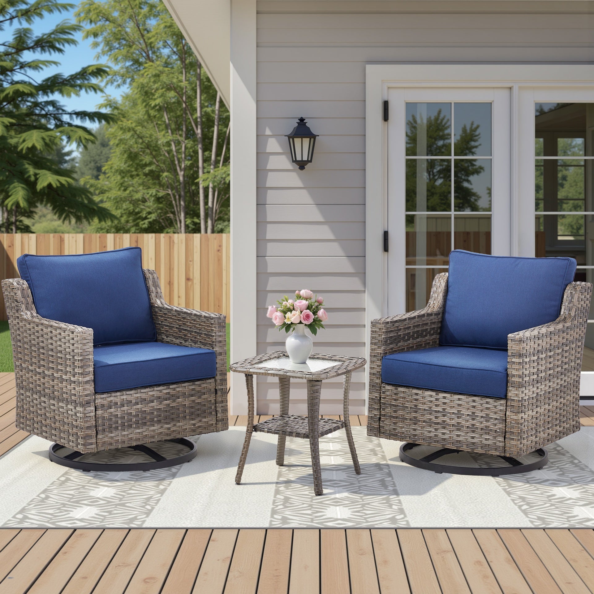 Swivel Outdoor Chairs Set of 2, with Glass-Top Side Table, 3 Pieces Gray Wicker Furniture Set Ideal for Porch, Poolside, Deck, and Yard in Blue