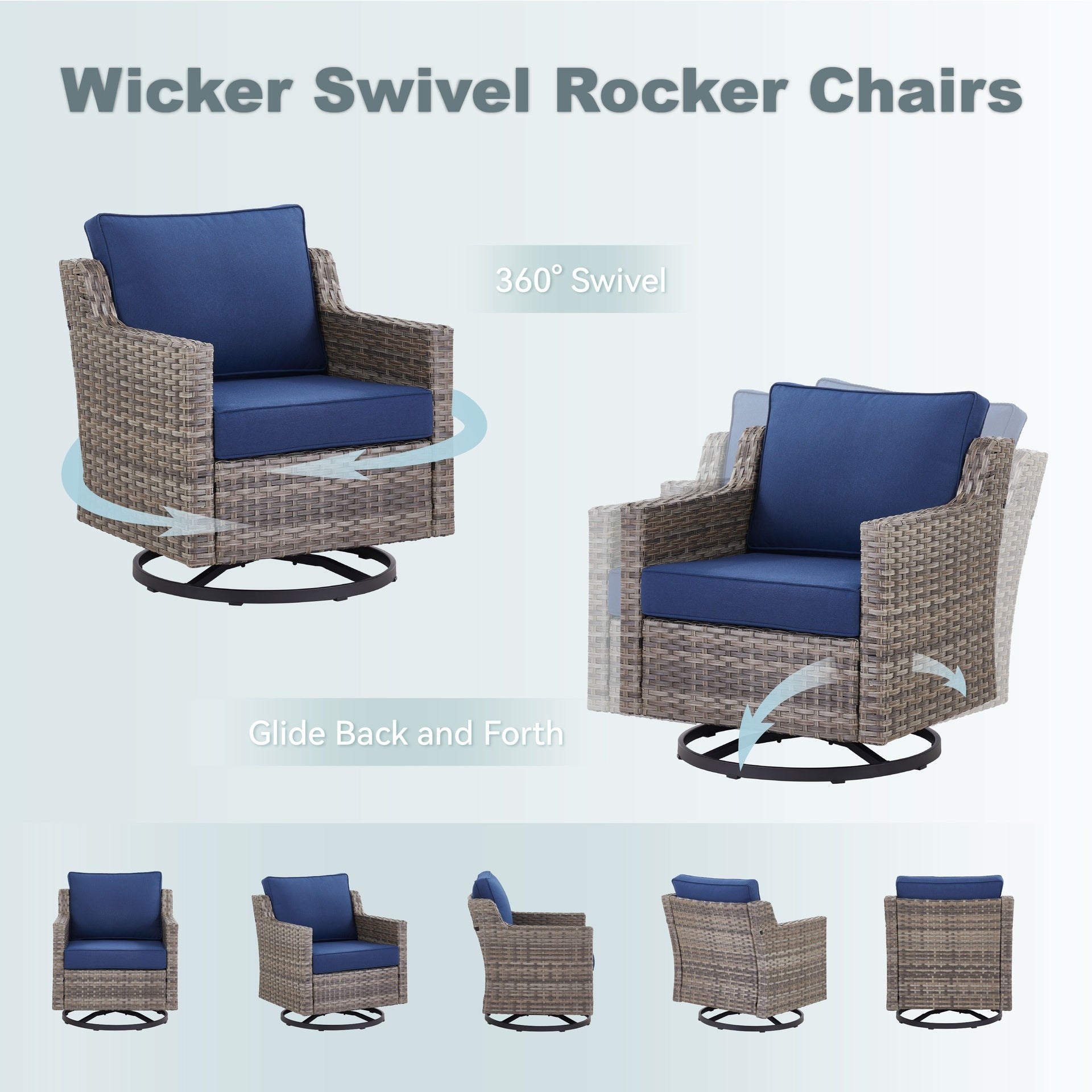 Swivel Outdoor Chairs Set of 2, with Glass-Top Side Table, 3 Pieces Gray Wicker Furniture Set Ideal for Porch, Poolside, Deck, and Yard in Blue