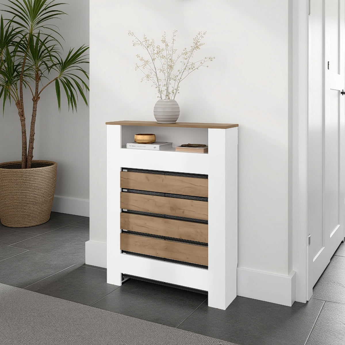 Radiator Cover Cabinet, 1 Shelf, White / Walnut
