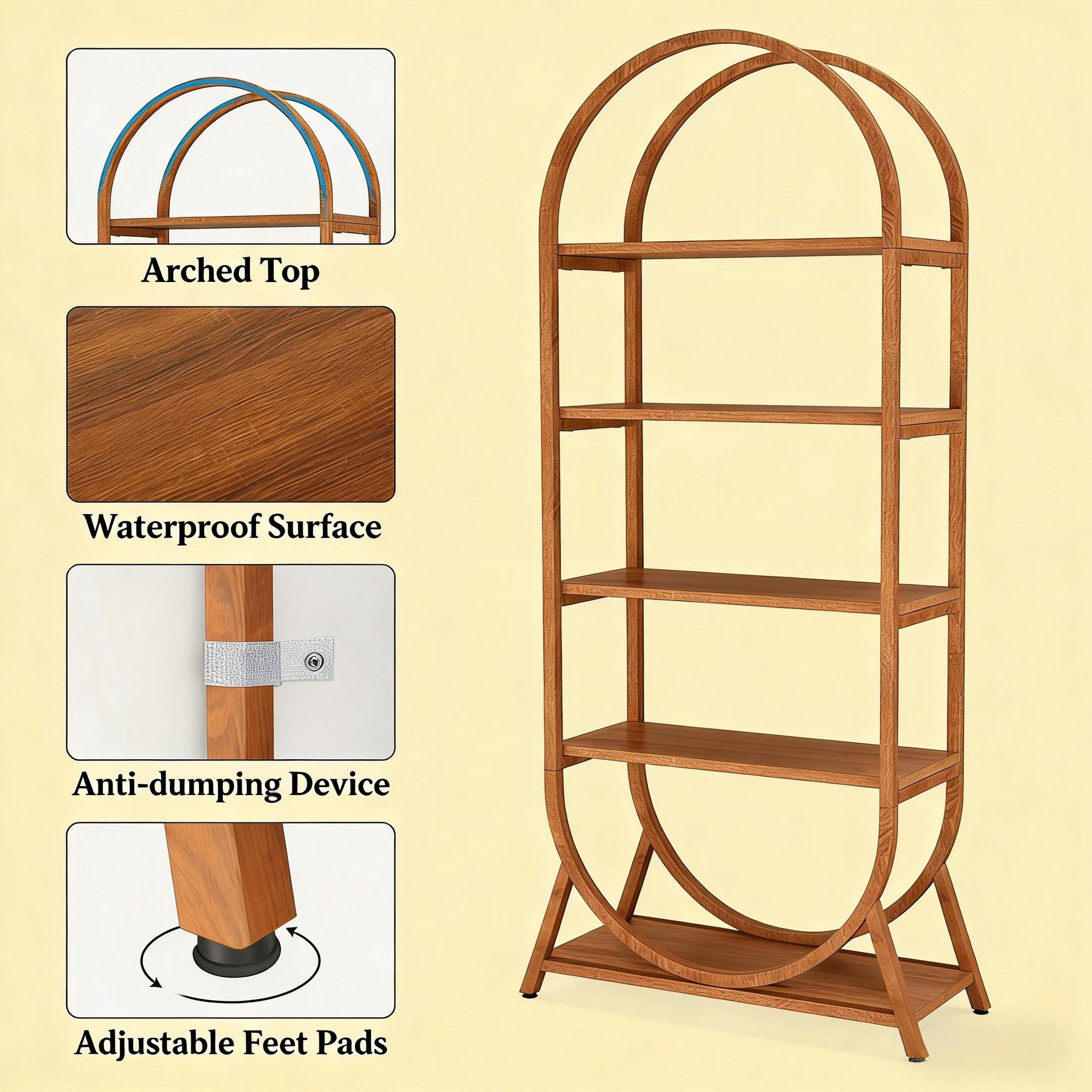 Versatile Display Rack,5-Tier Bookshelf,Compact Arched Bookcase