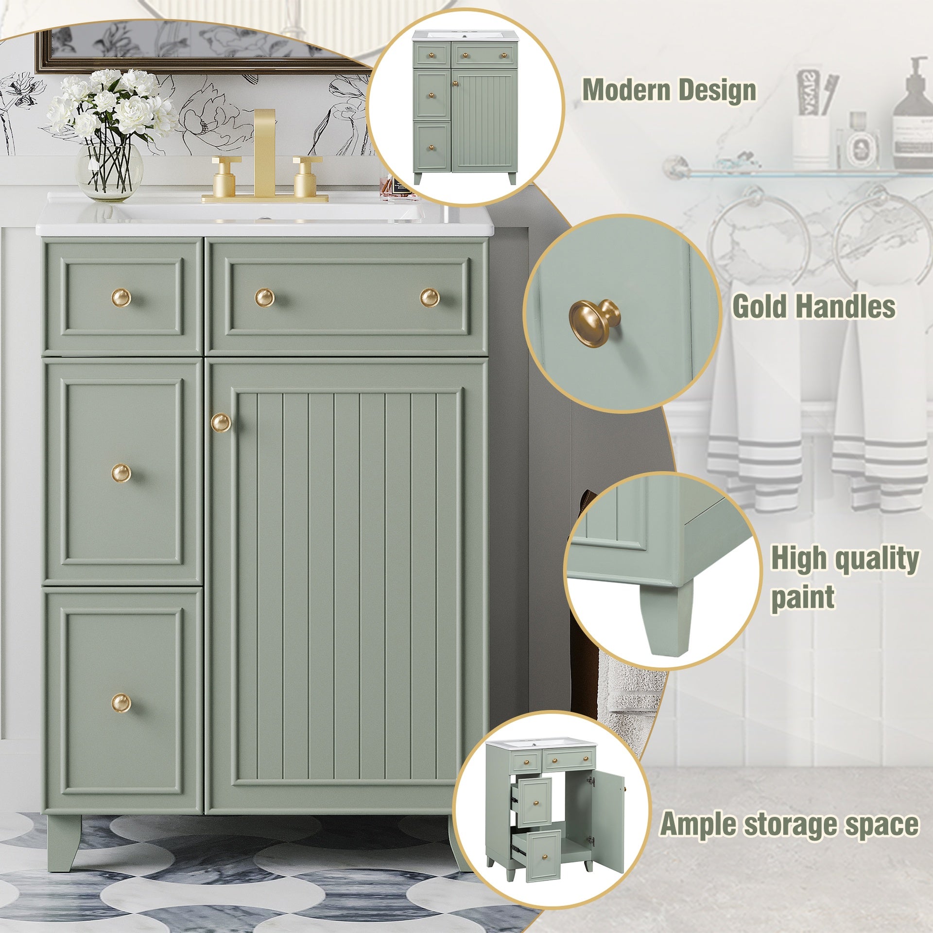 24-Inch Bathroom Vanity Cabinet with Ceramic Sink, 2 Drawers, 1 Door