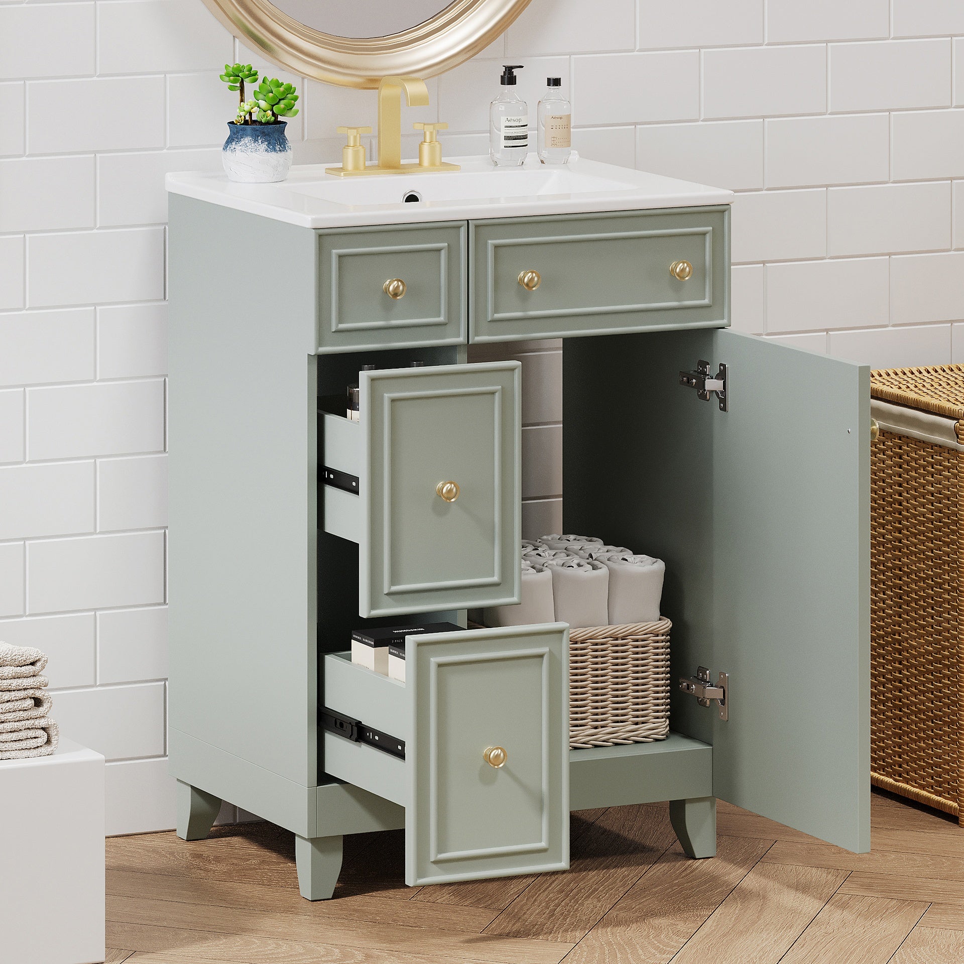 24-Inch Bathroom Vanity Cabinet with Ceramic Sink, 2 Drawers, 1 Door