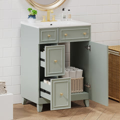 24-Inch Bathroom Vanity Cabinet with Ceramic Sink, 2 Drawers, 1 Door