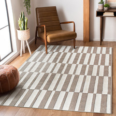 Step Collection High-Low Striped Beige/Cream Indoor Area Rug, 5'3''x7'6'', Modern, Contemporary, Geometric, Bohemian, Bedroom, Kitchen, Living Room, Non Shedding Carpet