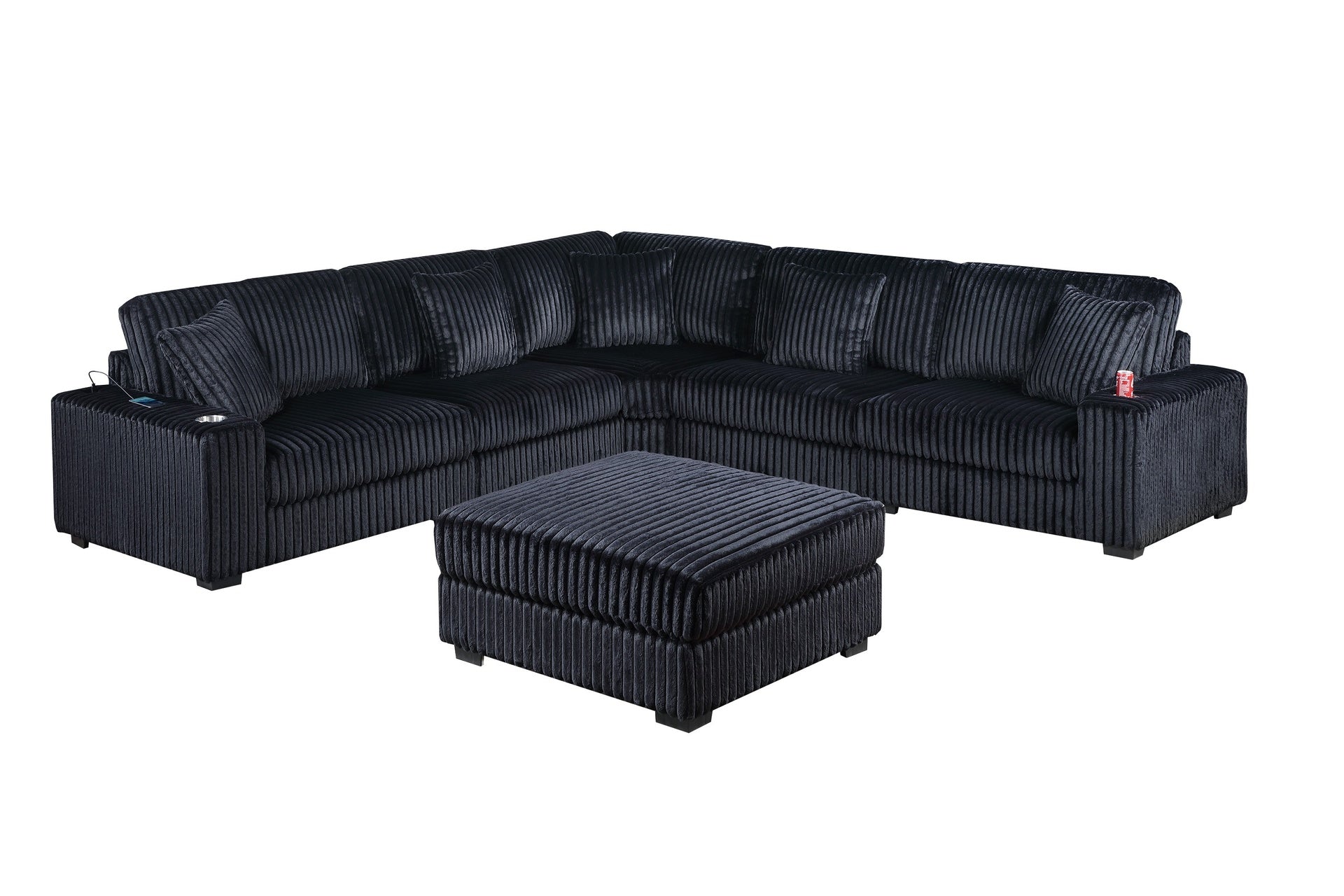Contemporary Style 6-PC Modular Sectional Sofa Set USB Cup Holder Black Finish Corduroy Living Room Furniture Couch
