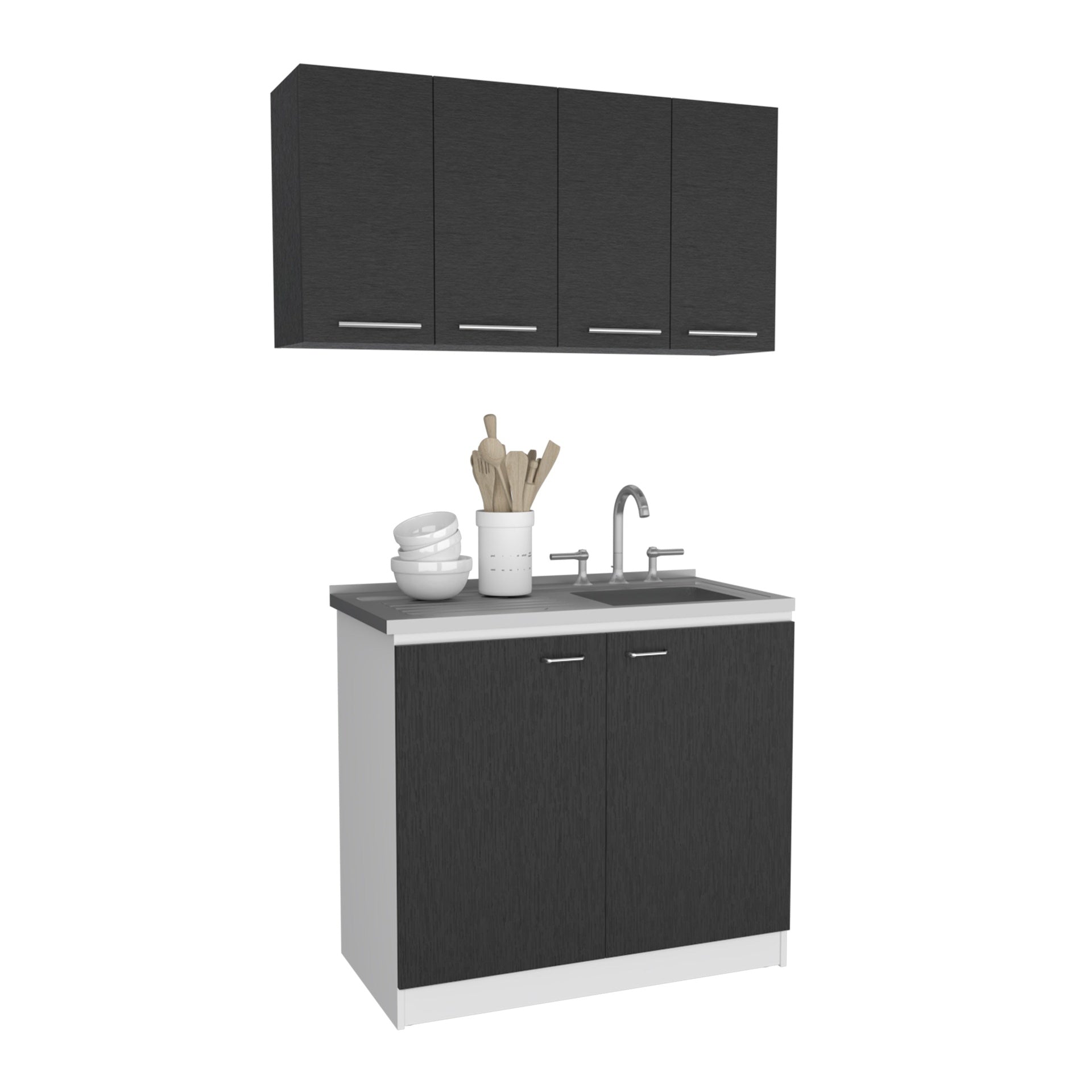 2-Piece Kitchen Set, Wall Cabinet + Utility Sink Cabinet, Wenge and White