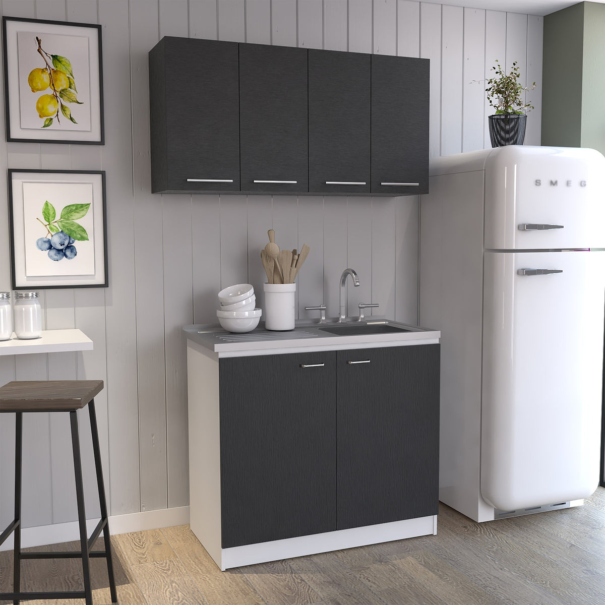 2-Piece Kitchen Set, Wall Cabinet + Utility Sink Cabinet, Wenge and White