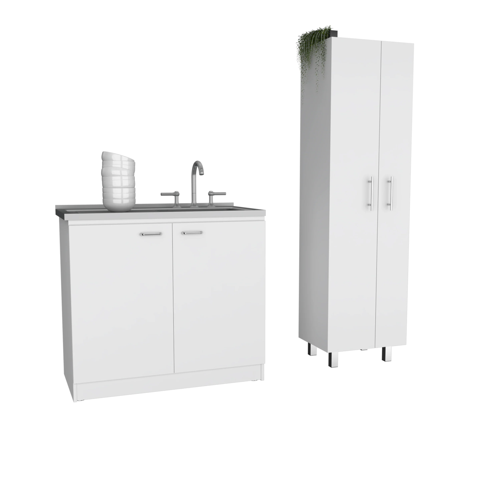 White 4-Door 2-piece Kitchen Set, Utility Sink Cabinet and Pantry Cabinet
