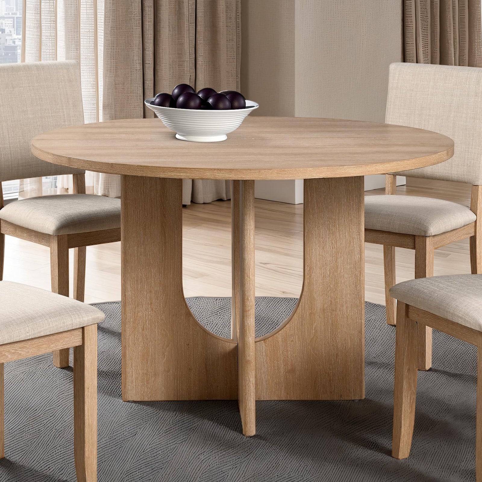 Contemporary Style 5pc Dining Set Kitchen Natural Color Round Table Pedestal Base Fabric Chairs Table 4x Side Chairs Dining Room