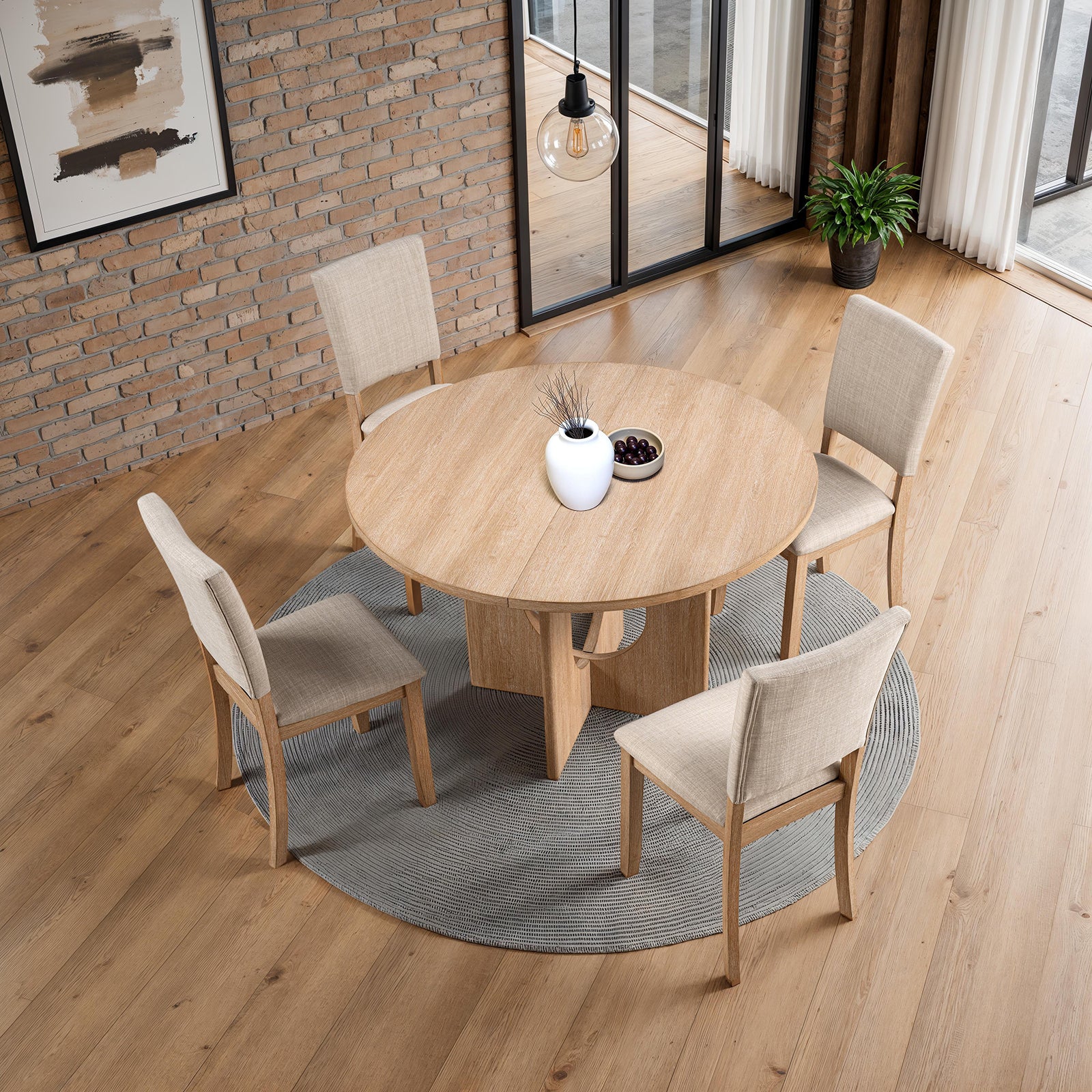 Contemporary Style 5pc Dining Set Kitchen Natural Color Round Table Pedestal Base Fabric Chairs Table 4x Side Chairs Dining Room