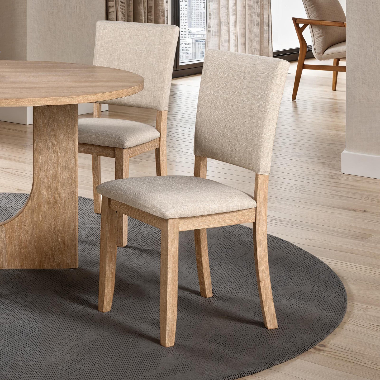 Contemporary Style 5pc Dining Set Kitchen Natural Color Round Table Pedestal Base Fabric Chairs Table 4x Side Chairs Dining Room
