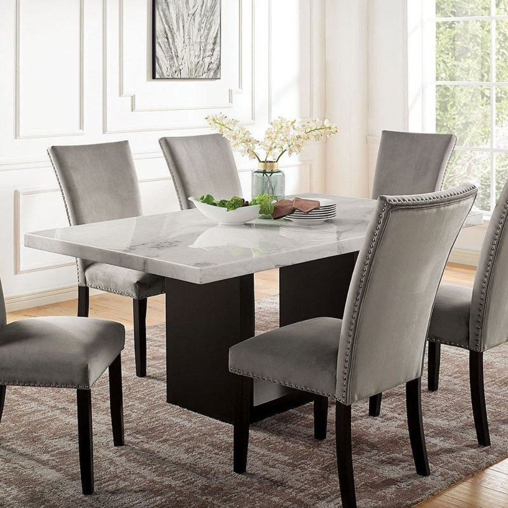 Attractive Elegant White Genuine Marble Table Top 1pc Dining Table Sturdy Design Solidwood Base Dining Room Table