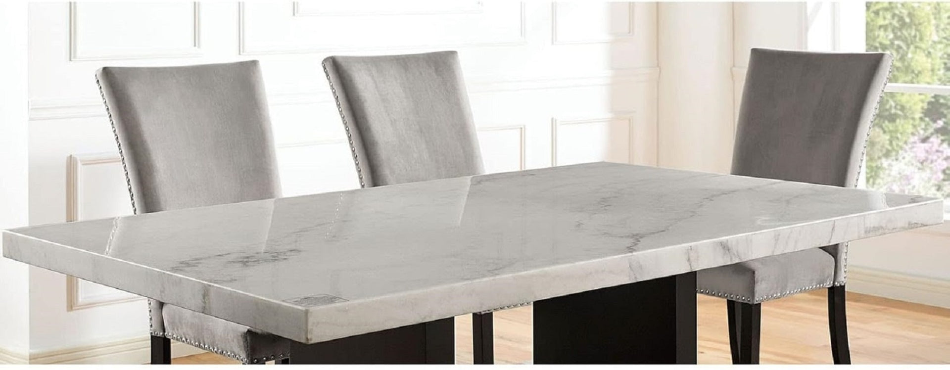 Attractive Elegant White Genuine Marble Table Top 1pc Dining Table Sturdy Design Solidwood Base Dining Room Table