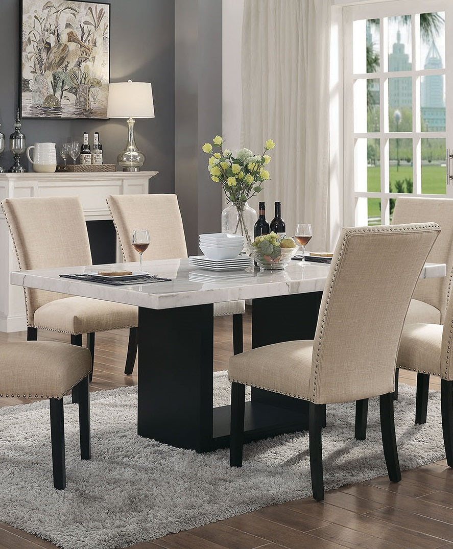 Attractive Elegant White Genuine Marble Table Top 1pc Dining Table Sturdy Design Solidwood Base Dining Room Table