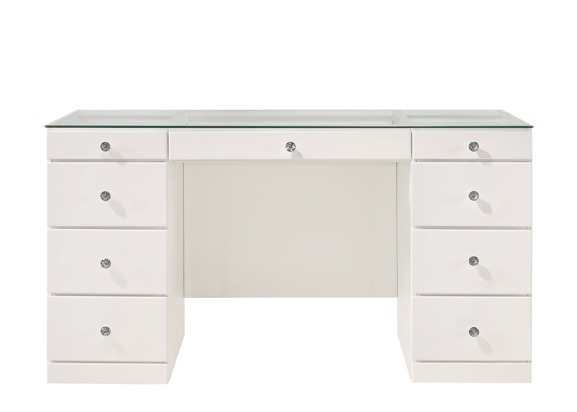 1pc Glam Makeup Vanity Table Glass Top 9 Drawers Knobs White Wooden Bedroom Furniture