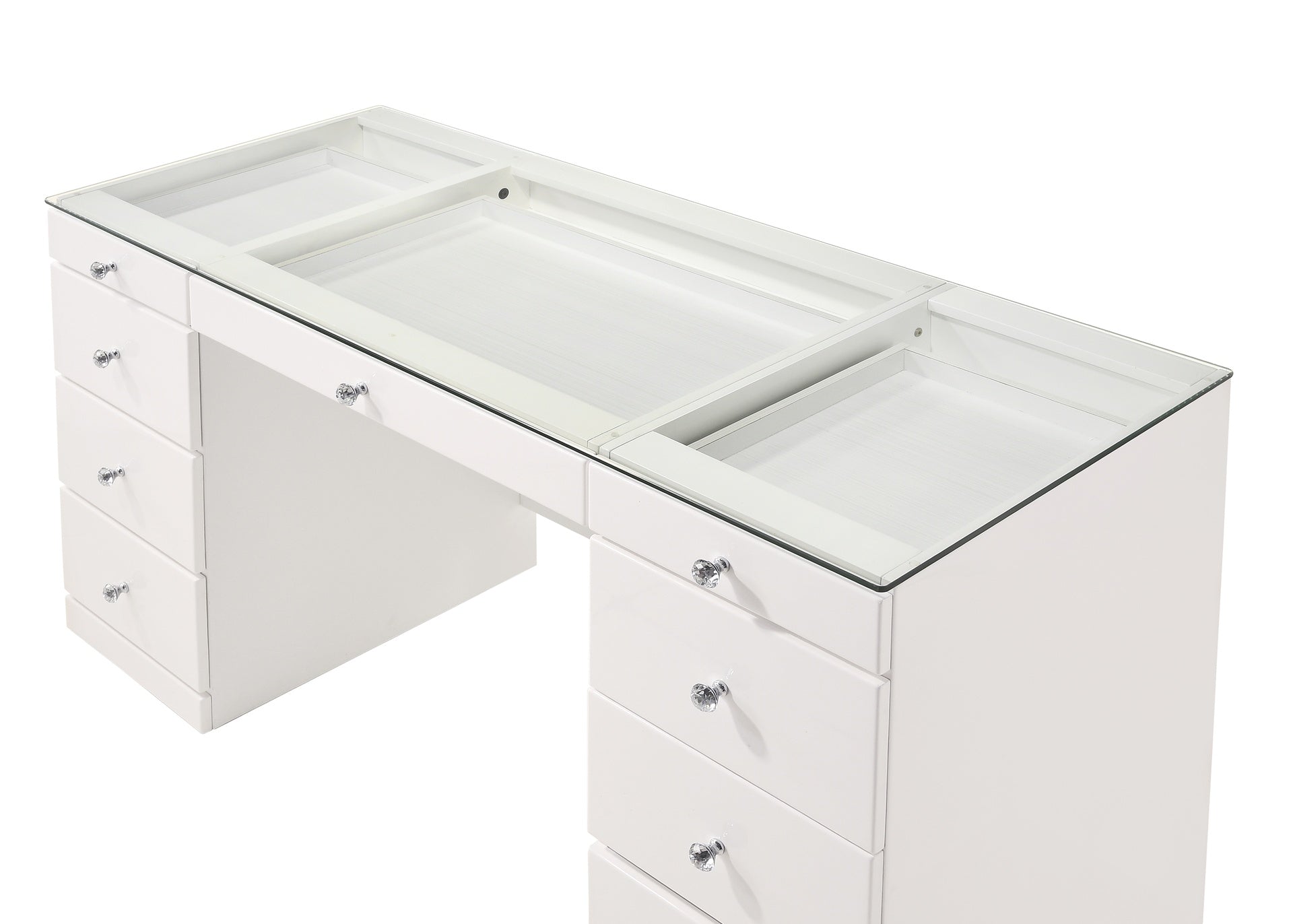 1pc Glam Makeup Vanity Table Glass Top 9 Drawers Knobs White Wooden Bedroom Furniture